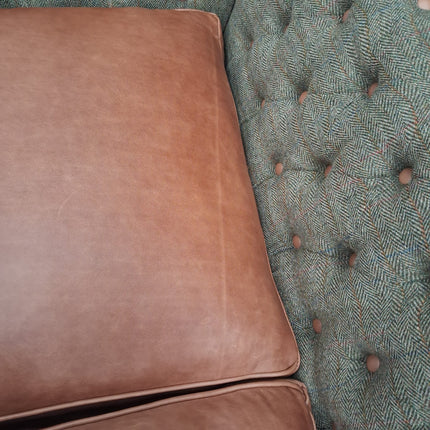 Granby Chesterfield 2 Seater Sofa in Green Harris Tweed & Leather - Ex Display
