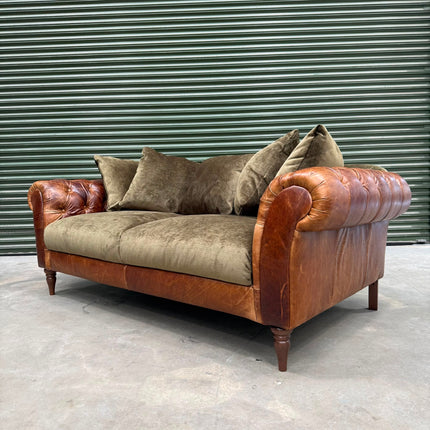 Theodore 3 Seater in Saddle Tan Leather and Derwent Olive Velvet- Ex Display