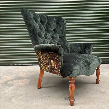 Selfridges Buttoned Wing Back Chair in Sunshine Emerald & Celestial Gilded - Ex Display