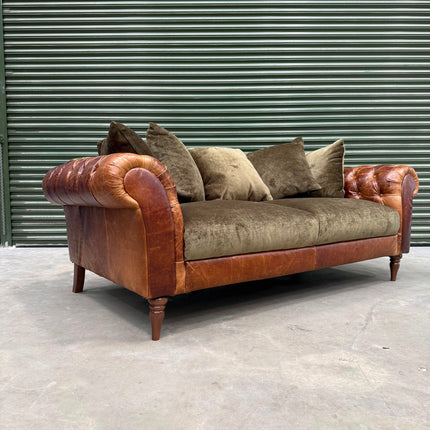 Theodore 3 Seater in Saddle Tan Leather and Derwent Olive Velvet- Ex Display