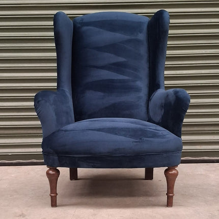 Winston Wing Back Armchair in Plush Navy Fabric - Ex Display