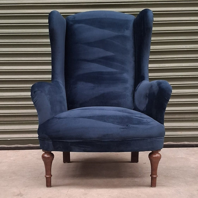 Winston Wing Back Armchair in Plush Navy Fabric - Ex Display