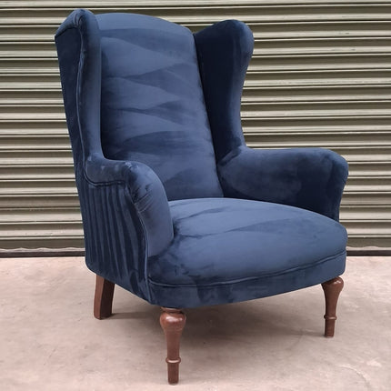 Winston Wing Back Armchair in Plush Navy Fabric - Ex Display