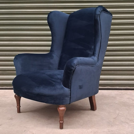Winston Wing Back Armchair in Plush Navy Fabric - Ex Display