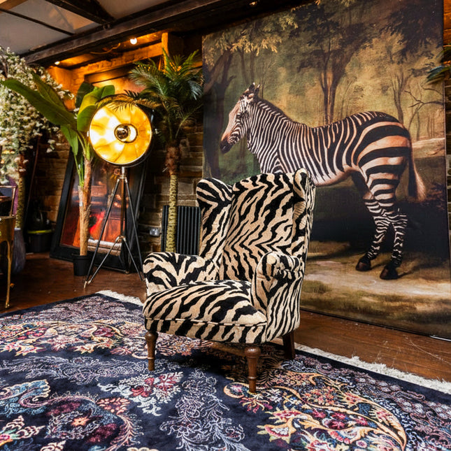 Winston Wingback Armchair in Zebra Cream Animal Print
