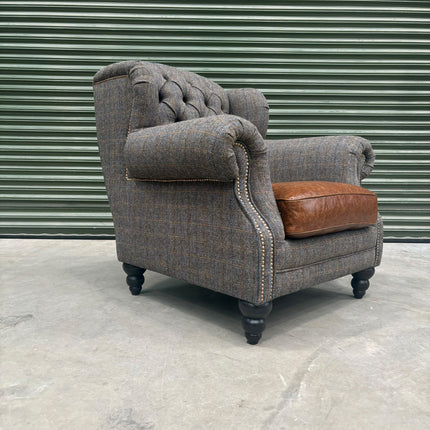 Bertie Armchair Wingback in Harris Tweed Grey & Cuba Tan Leather - Ex Display