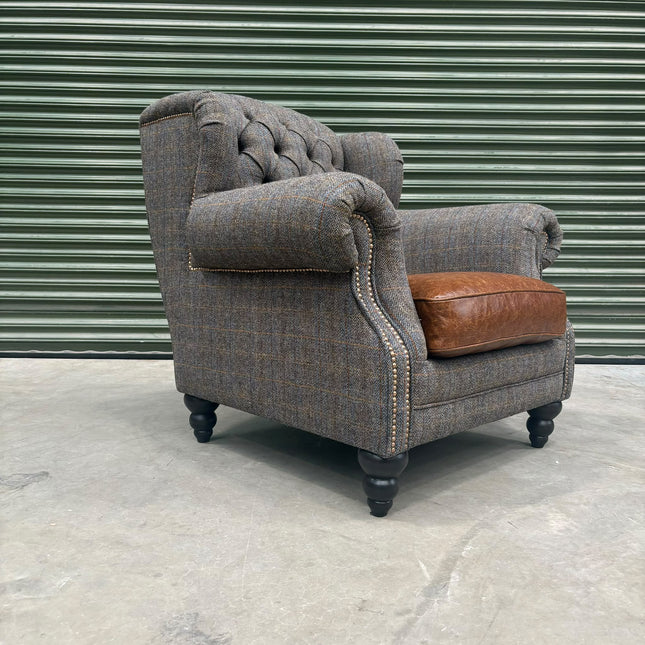 Bertie Armchair Wingback in Harris Tweed Grey & Cuba Tan Leather - Ex Display