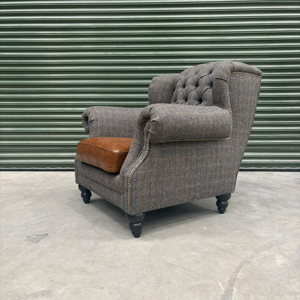 Bertie Armchair Wingback in Harris Tweed Grey & Cuba Tan Leather - Ex Display