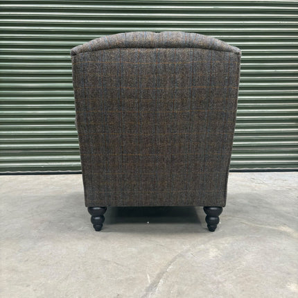 Bertie Armchair Wingback in Harris Tweed Grey & Cuba Tan Leather - Ex Display