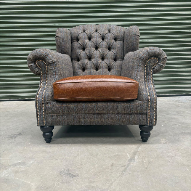 Bertie Armchair Wingback in Harris Tweed Grey & Cuba Tan Leather - Ex Display
