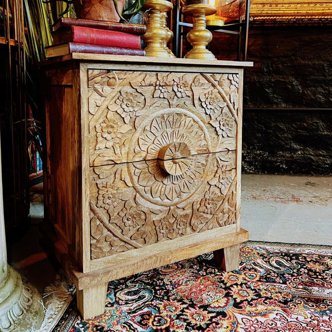 Floral Filigree Carved Bedside Cabinet - Mango Wood