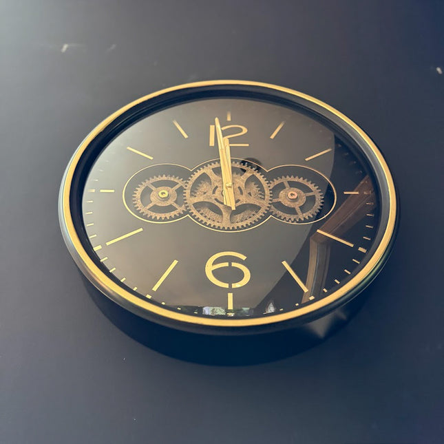 Black & Gold Moving Gears Clock with Numerals