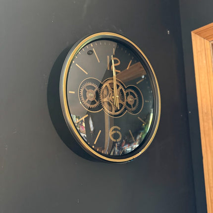Black & Gold Moving Gears Clock with Numerals