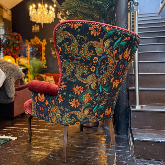 Belgravia Buttoned Wing Chair in Sunshine Amber & Bohemian Amber Botanical