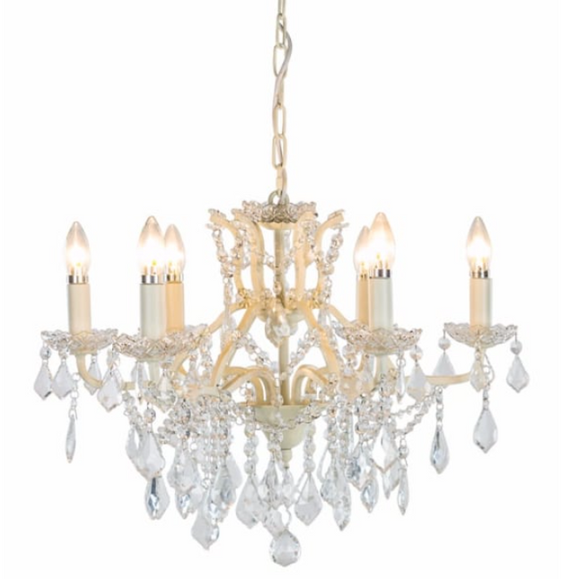 Antique Crackle White Shallow 6 Branch Chandelier