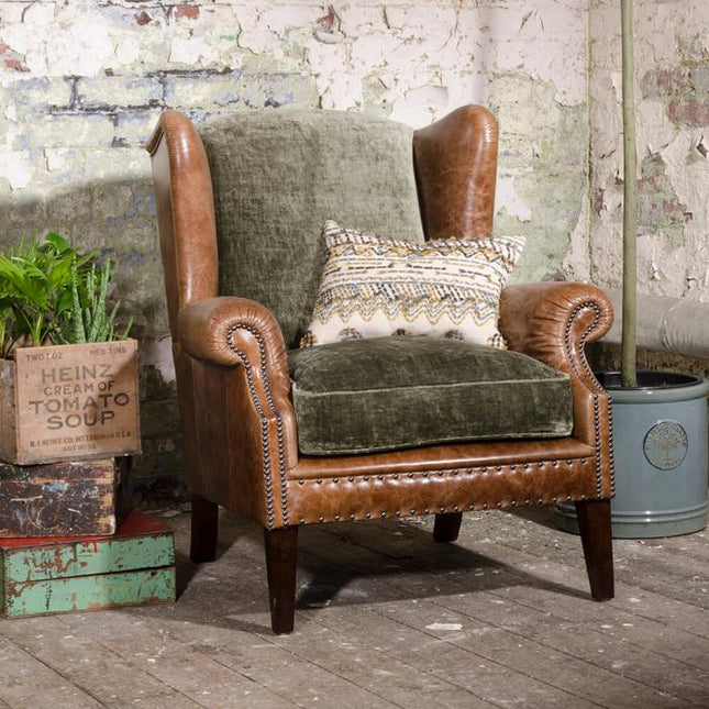 Constable Tetrad Wing Chair in Galveston Bark & Coco Olive Velvet