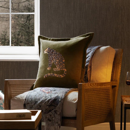 Embroidered Leopard Cushion in Olive Velvet