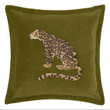 Embroidered Leopard Cushion in Olive Velvet