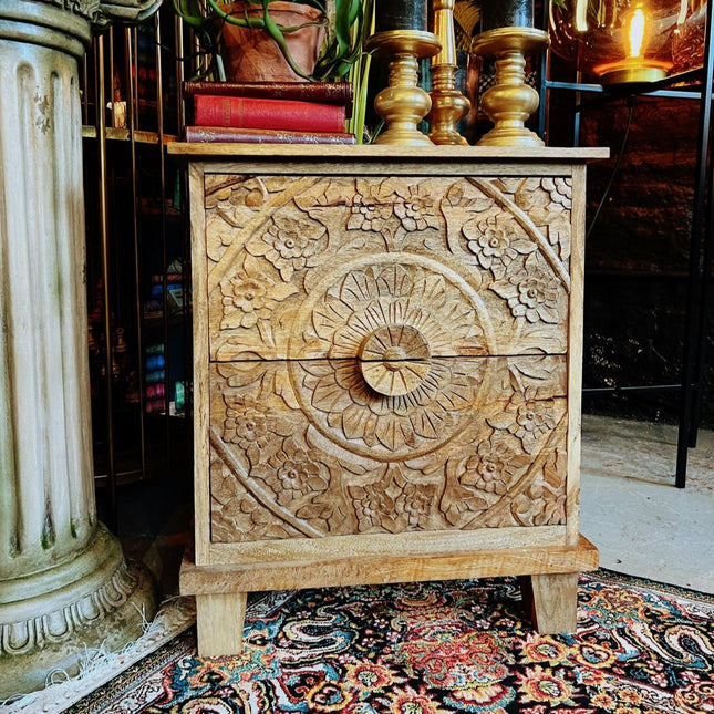 Floral Filigree Carved Bedside Cabinet - Mango Wood