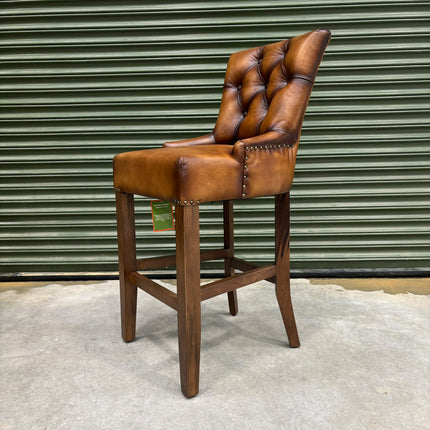 Riley Chesterfield Bar Stool in Hand Antiqued Buffalo Leather - Factory Seconds