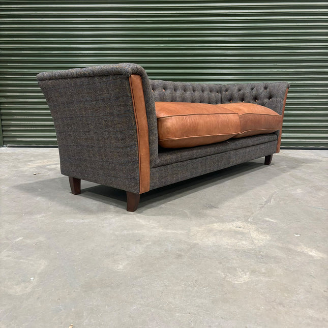Granby 3 Seater Sofa in Harris Tweed Grey & Leather - Ex Display