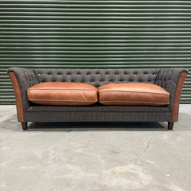 Granby 3 Seater Sofa in Harris Tweed Grey & Leather - Ex Display