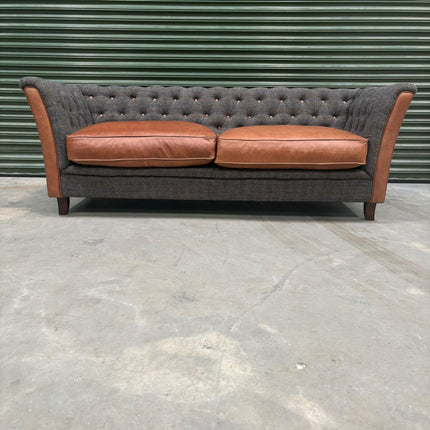 Granby Chesterfield 3 Seater Sofa in Harris Tweed Grey & Leather - Ex Display