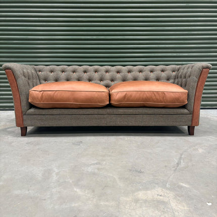 Granby 3 Seater Sofa in Harris Tweed Green & Leather - Ex Display