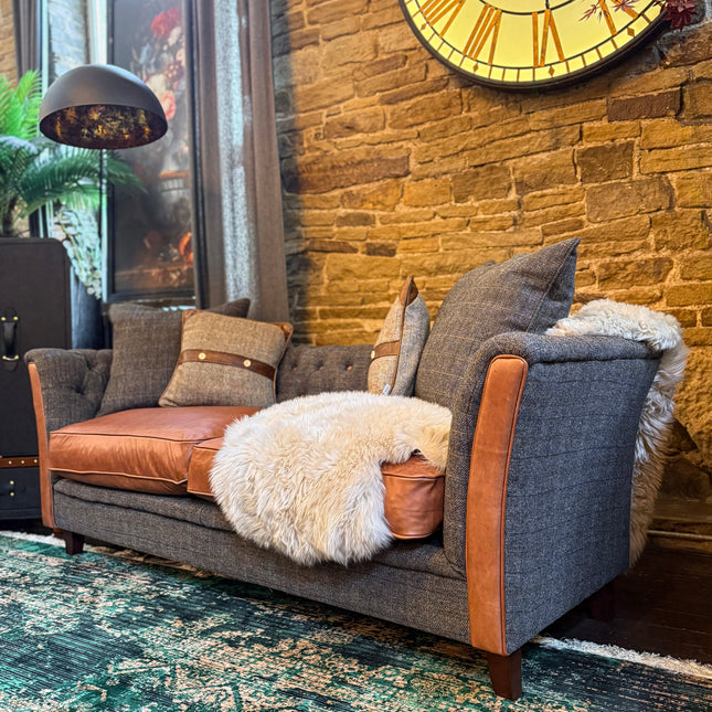 Granby Chesterfield Sofa in Harris Tweed Grey & Leather - Clearance