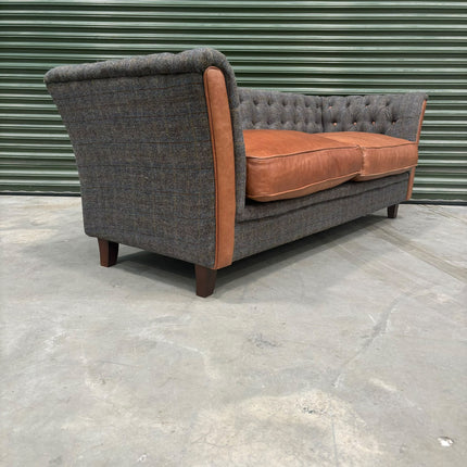 Granby Chesterfield 3 Seater Sofa in Harris Tweed Grey & Leather - Ex Display