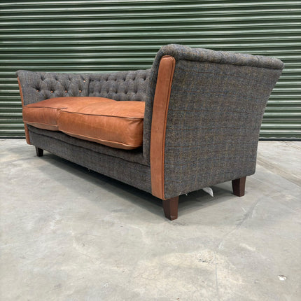 Granby Chesterfield 3 Seater Sofa in Harris Tweed Grey & Leather - Ex Display