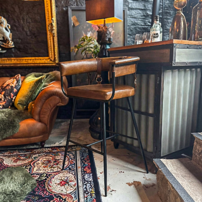 Iron Barstool in Hand Antiqued Buffalo Leather - New