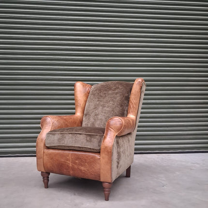 Theodore Wing Chair in Saddle Tan & Derwent Olive Velvet - Ex Display
