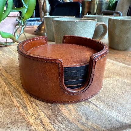 Set of 6 Round Leather Coasters with Holder