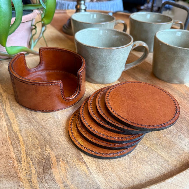 Set of 6 Round Leather Coasters with Holder