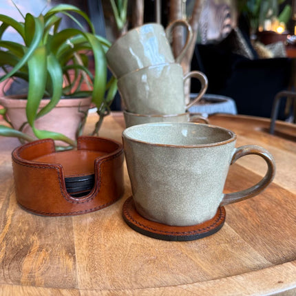 Set of 6 Round Leather Coasters with Holder
