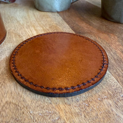 Set of 6 Round Leather Coasters with Holder