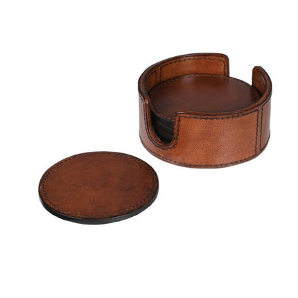 Set of 6 Round Leather Coasters with Holder