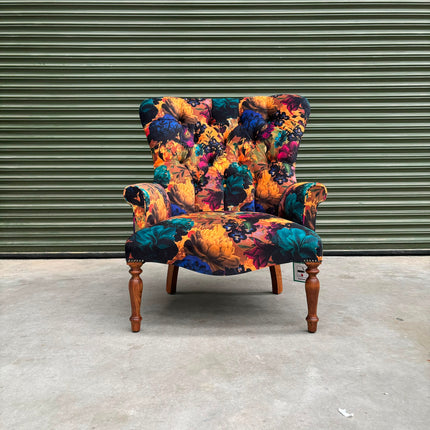 Selfridges Buttoned Wing Back Chair in Opal Flora Velvet