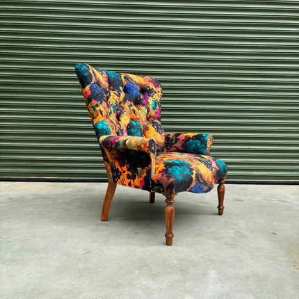 Selfridges Buttoned Wing Back Chair in Opal Flora Velvet