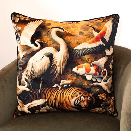 Cushion Scatter in Oriental Tiger & Proud Crane Velvet (Feather Filled) - 60 x 60cm