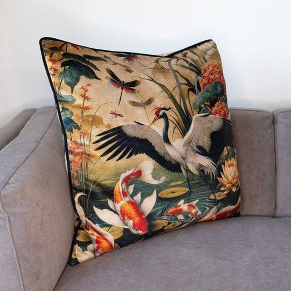 Cushion Scatter in Oriental Crane & Koi Print Velvet (Feather Filled) - 60 x 60cm