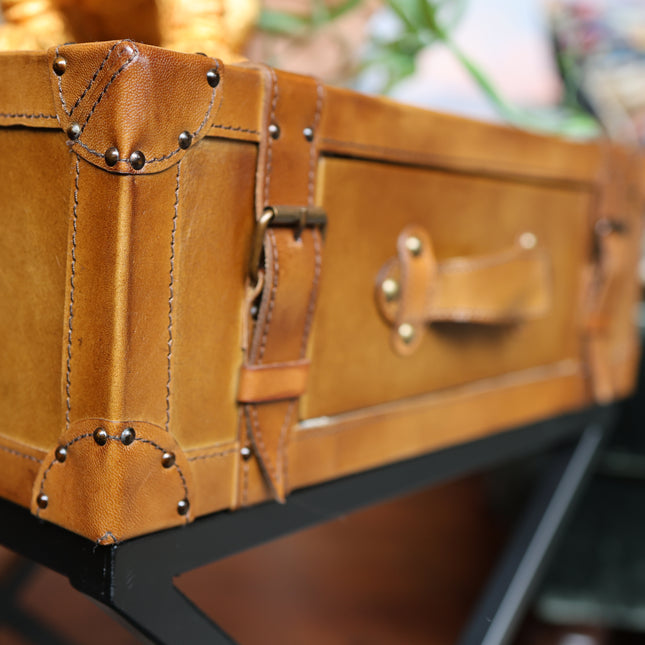 Suitcase/Trunk Side Table in Brown Leather