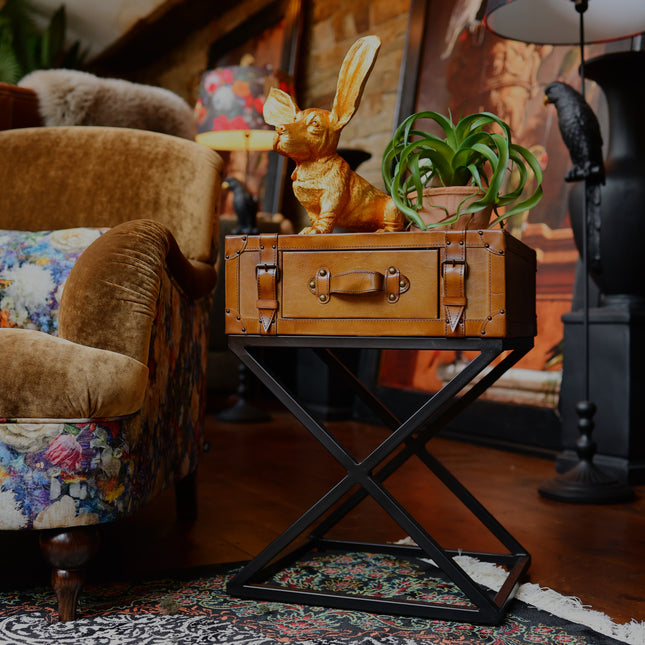 Suitcase/Trunk Side Table in Brown Leather