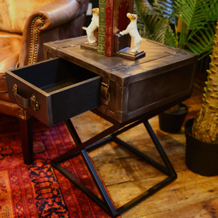 Suitcase/Trunk Side Table in Grey Leather