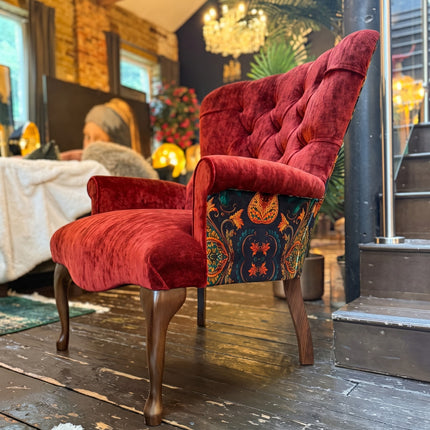 Belgravia Buttoned Wing Chair in Sunshine Amber & Bohemian Amber Botanical