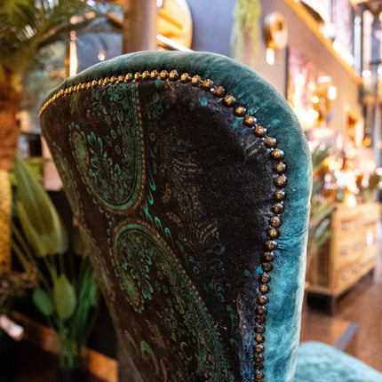 Belgravia Buttoned Wing Chair in Sunshine Turquoise & Bohemian Teal Paisley