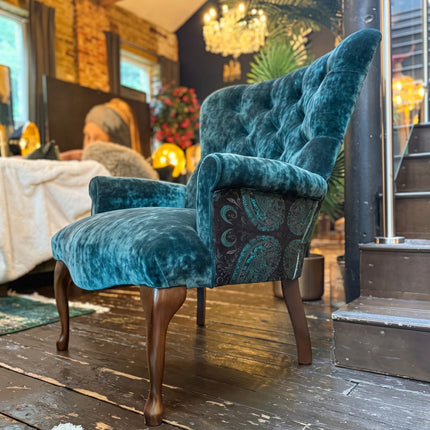 Belgravia Buttoned Wing Chair in Sunshine Turquoise & Bohemian Teal Paisley
