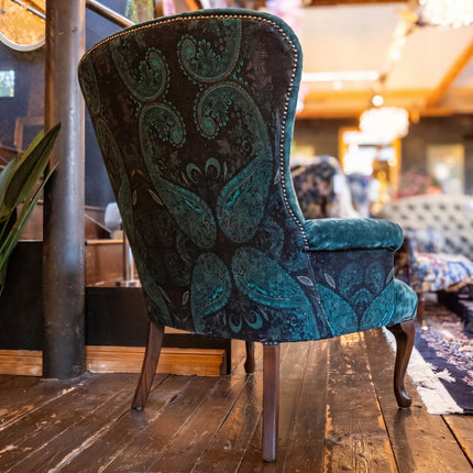 Belgravia Buttoned Wing Chair in Sunshine Turquoise & Bohemian Teal Paisley