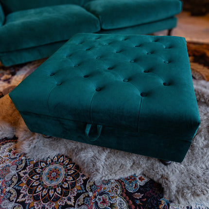 Truffle Storage Buttoned Footstool in Plush New Teal Velvet